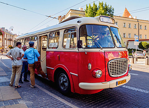 红色,旧式,巴士,街上,老城,卢布林,波兰,欧洲