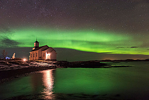 教堂,海岸,北极光,罗弗敦群岛,挪威,欧洲
