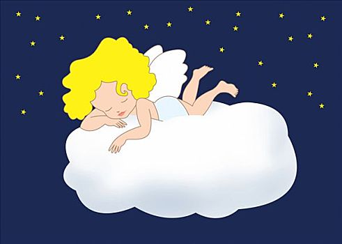 小,天使,睡觉,云,插画