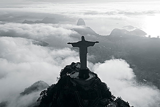 俯拍,巨大,耶稣,救世主,雕塑,围绕,云,科尔科瓦多,里约热内卢,巴西