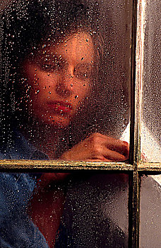 悲伤,女孩,下雨,窗户
