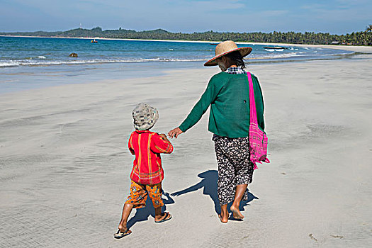 缅甸,母子,走,海滩,分开