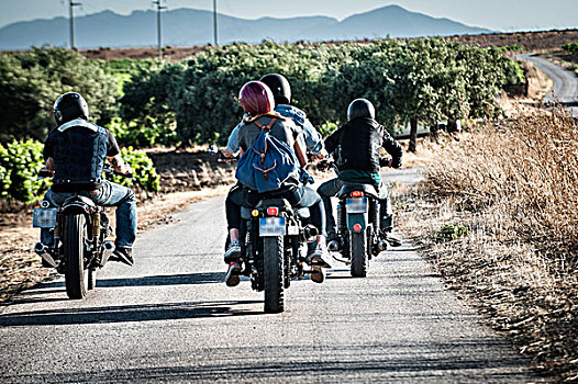 后视图,四个,朋友,骑摩托,乡村道路,萨丁尼亚,意大利
