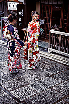 两个女孩,夏天,和服,姿势,一起,照片,东山,京都,日本,亚洲