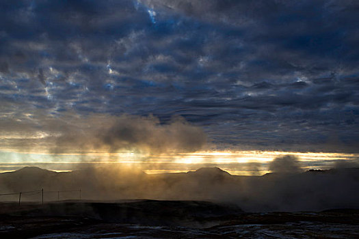 逆光,蒸汽,地热,区域,山峦,东北方,冰岛,欧洲