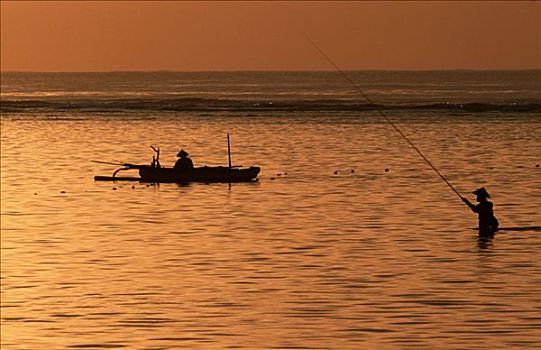 垂钓,捕鱼者,黎明,巴厘岛,印度尼西亚