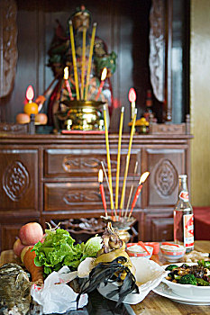 食物,香,蜡烛,桌上,宗教祭品