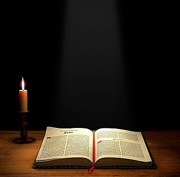 翻开,圣经,桌子,蜡烛,留白,高处