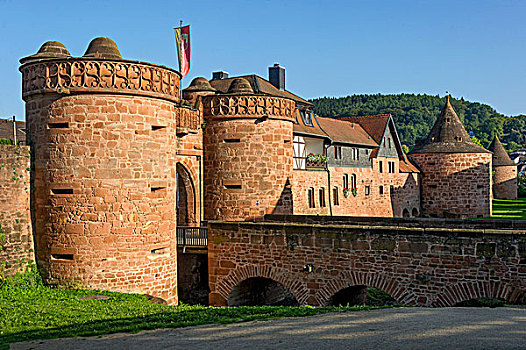 大门,红色,塔,后面,绿色,西部,墙壁,中世纪,要塞,老城,黑森州,德国,欧洲