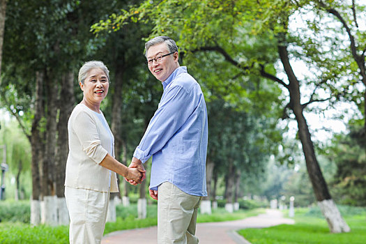 幸福的老年夫妇在公园散步