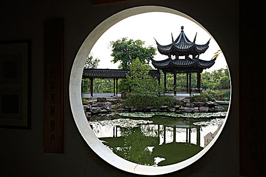 圆形窗里的江南园林