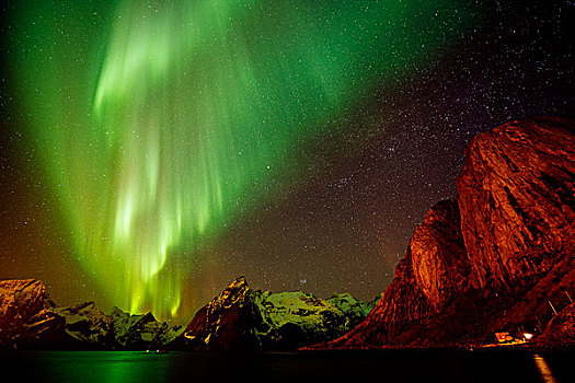 风景,北极光,上方,海洋,雪山,瑞恩,挪威