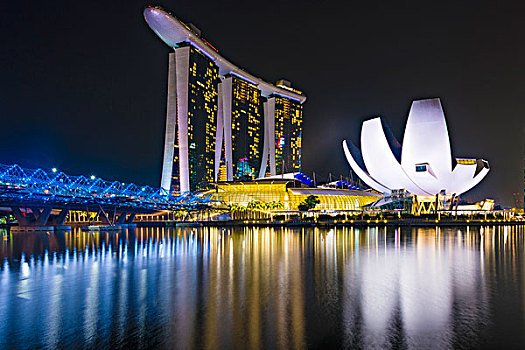 码头,湾,沙,酒店,博物馆,夜景,城市核心区,新加坡,亚洲