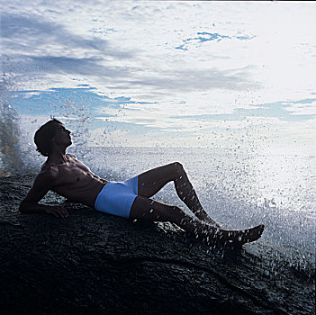 男人,躺着,石头,海洋,看别处,中国,湾,斯里兰卡,亚洲