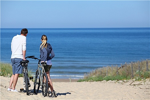 情侣,自行车,看,海洋