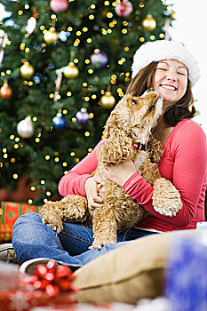 女孩,圣诞树,圣诞帽,宠物,狗