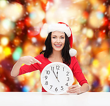 圣诞节,圣诞,冬天,高兴,概念,微笑,女人,圣诞老人,帽子,钟表,展示