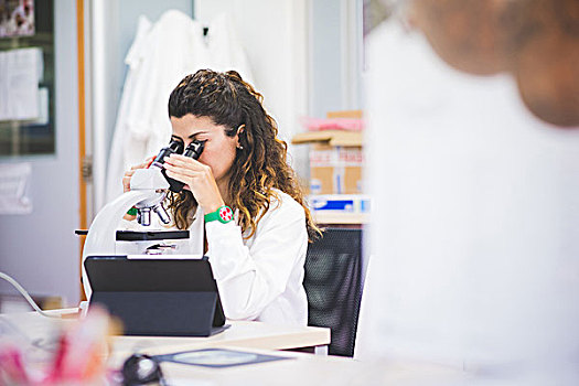 女性,科学家,分析,表面,材质,光学显微镜