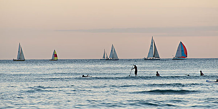 冲浪,帆船,背景,怀基基海滩,檀香山,瓦胡岛,夏威夷,美国