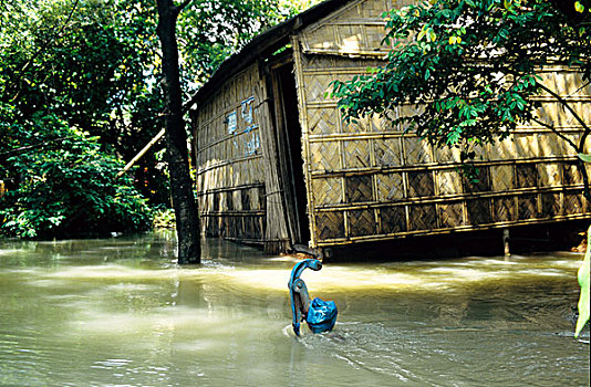 洪水,房子,孟加拉,九月,1998年