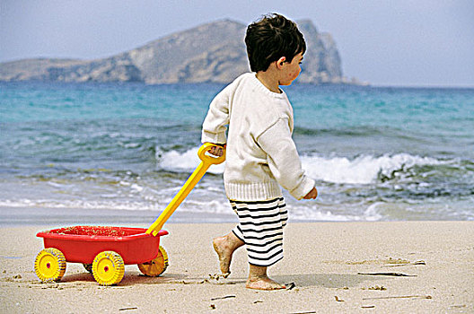 小男孩,走,海滩