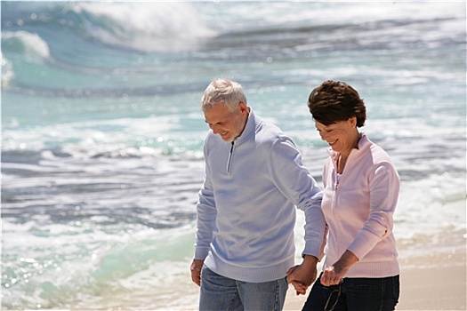 微笑,老年,夫妻,走,海滩,握手