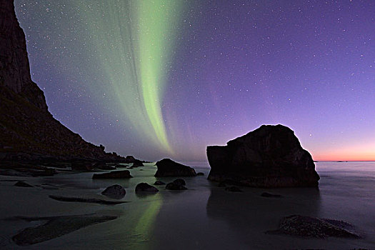 北极光,海滩,罗弗敦群岛,挪威,欧洲