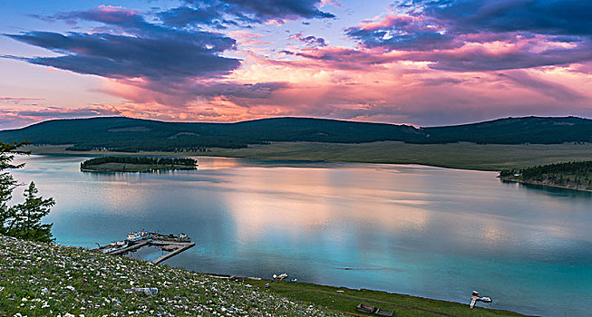 湖,黃昏,蒙古,亚洲