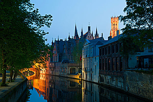 光亮,建筑,桥,反射,水,夜晚,历史,中心,布鲁日,世界遗产,比利时,欧洲