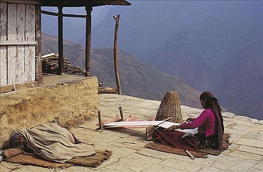 女人,编织,地毯,尼泊尔,亚洲