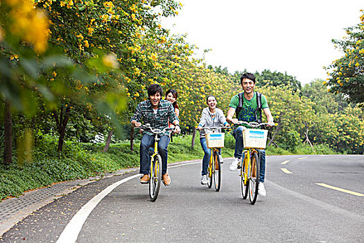 一群年轻大学生在校园里骑车