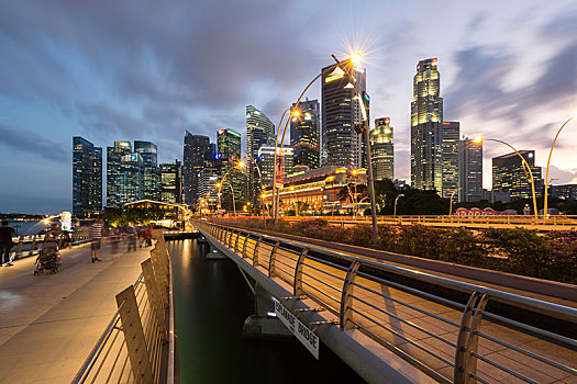 滨海休闲区,桥,金融区,夜晚,新加坡