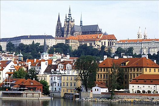 布拉格,全景,城堡,堤岸