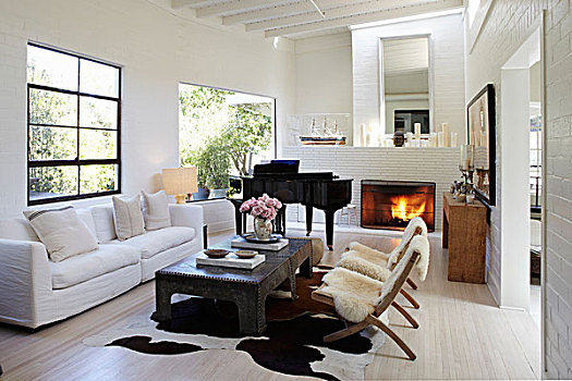 椅子,羊皮,毯子,白色,沙发,茶几,大钢琴,靠近,打开,壁炉,背景,客厅
