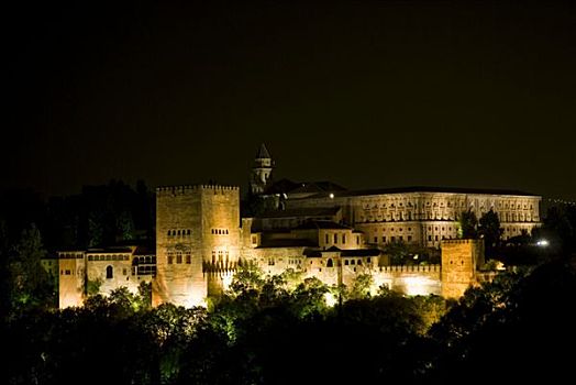 阿尔罕布拉,风景,瞭望点,夜晚,格拉纳达,西班牙,欧洲