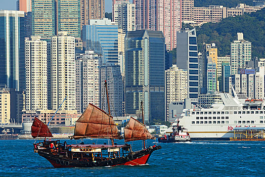 传统,帆船,正面,天际线,香港,中国,亚洲