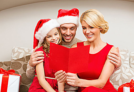家庭,圣诞节,圣诞,高兴,人,概念,微笑,圣诞老人,帽子,许多,礼盒,读,明信片