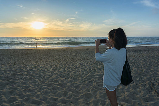 女人,照相,日落,海滩