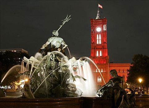 海王星喷泉,红色,市政厅,柏林