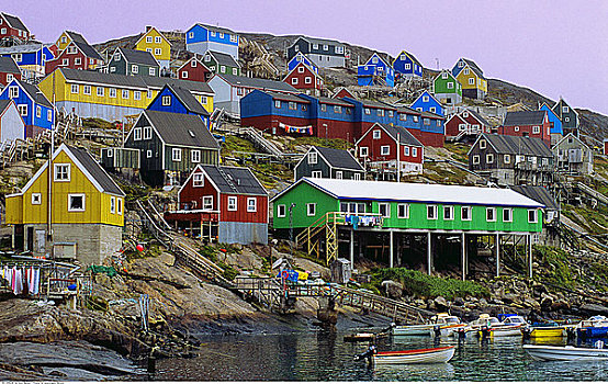 彩色,房子,靠近,港口,格陵兰