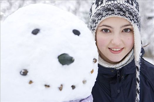 肖像,女青年,靠近,雪人