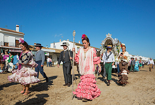 人,穿,传统服装,彭特科斯特,朝拜,韦尔瓦省,安达卢西亚,西班牙,欧洲
