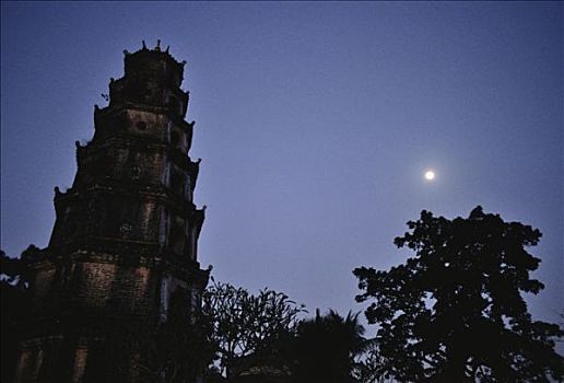 越南,色调,塔,日落,逆光,月亮