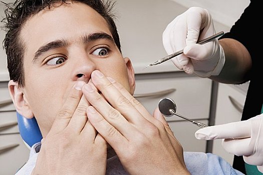 牙医,拿着,牙齿,惊恐,病人,遮盖,嘴