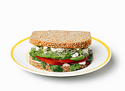 蔬菜,三明治,全麦面包,面包,盘子,白色背景