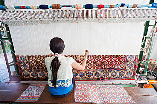 女人,编织,地毯,织布机,泰国