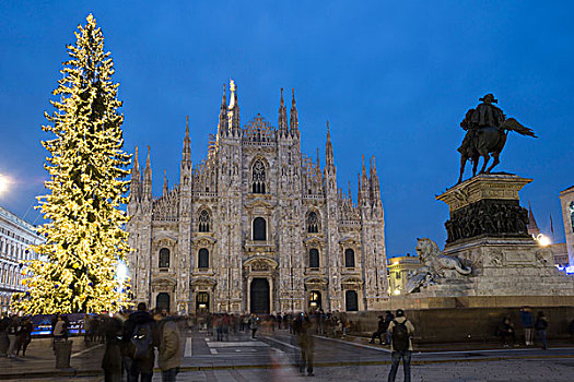 圣诞购物,大教堂,米兰,广场,中央教堂,圣诞树,日落
