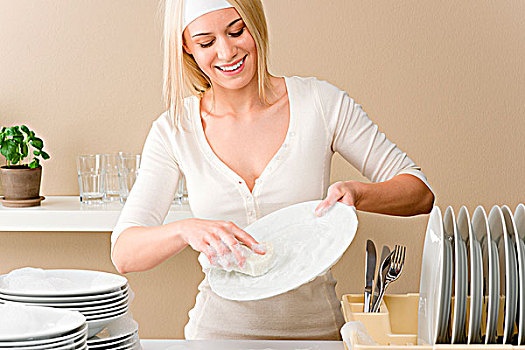 现代,厨房,高兴,女人,洗碗,家务