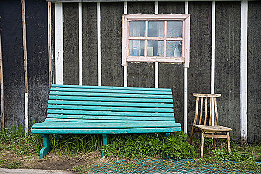 俄罗斯,堪察加半岛,河,长椅,正面,房子