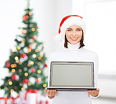 圣诞节,科技,寒假,人,概念,微笑,女人,圣诞老人,帽子,留白,显示屏,笔记本电脑,上方,客厅,圣诞树,背景